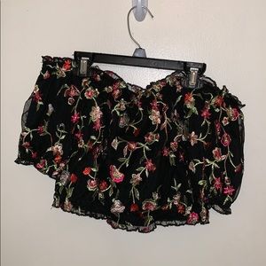 Black with neon floral off the shoulder crop top